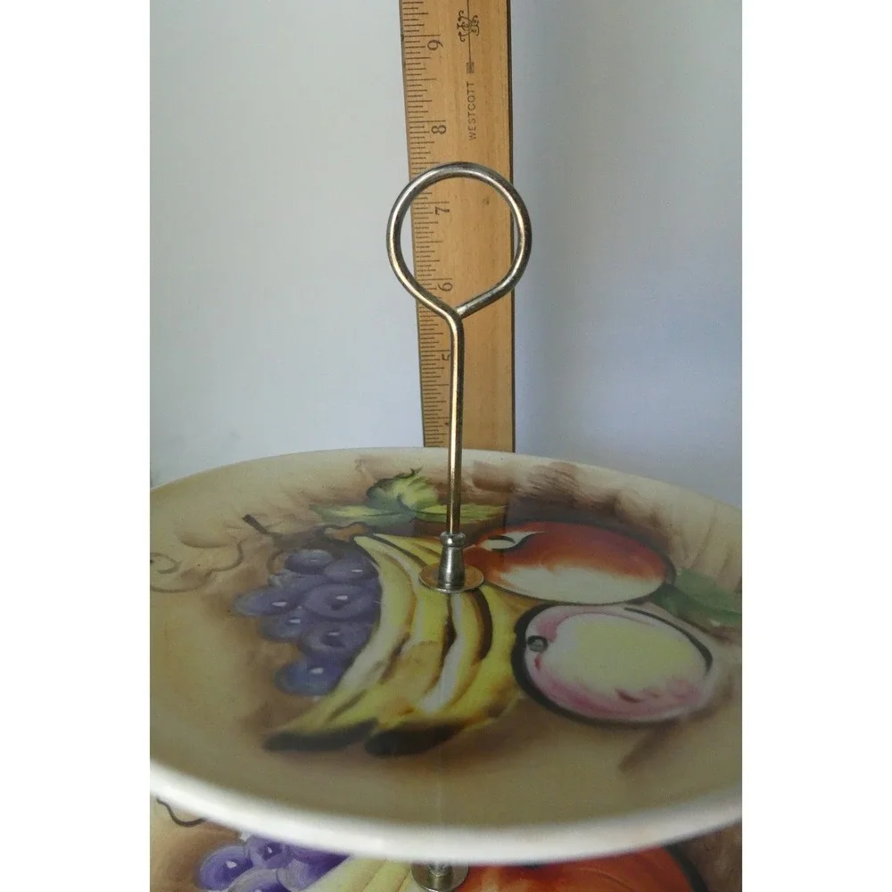 Vintage 2 Tier Ceramic Serving Stand Hand Painted Fruit Motif Appetizer Tray